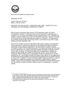 Memorandum from the Office of the Inspector General  September 20, 2012 Leslie C. Bazzoon, WT 9C-K Elliott C. Flick III, LP 3K-C REQUEST FOR FINAL ACTION – INSPECTION[removed] – SURVEY OF TVA’S