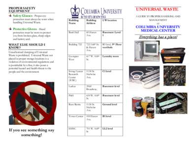 PROPER SAFETY EQUIPMENT Safety Glasses - Proper eye protection must always be worn when handling Universal Waste.