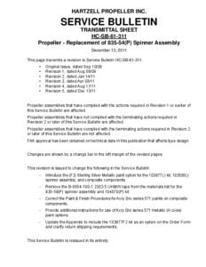 HARTZELL PROPELLER INC.  SERVICE BULLETIN TRANSMITTAL SHEET HC-SB[removed]Propeller - Replacement of[removed]P) Spinner Assembly