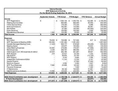Internet Society IETF Statement of Activity For the Month Ending September 30, 2014 September Actuals Income IETF Registrations