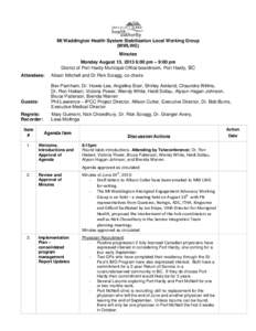 Mt Waddington Health System Stabilization Local Working Group (MWLWG) Minutes Monday August 13, 2013 6:00 pm – 9:00 pm District of Port Hardy Municipal Office boardroom, Port Hardy, BC Attendees: