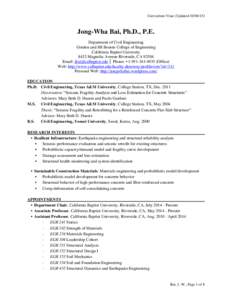Curriculum Vitae (UpdatedJong-Wha Bai, Ph.D., P.E. Department of Civil Engineering Gordon and Jill Bourns College of Engineering California Baptist University
