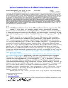 Southern Campaigns American Revolution Pension Statements & Rosters Pension application of Jesse Green 1 W11084 Transcribed by Will Graves Mary Green