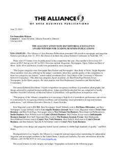 June 22, 2013 For Immediate Release Contact: C. James Dowden, Alliance Executive Director