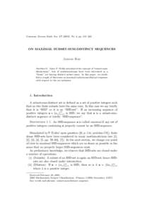 Commun. Korean Math. Soc[removed]), No. 2, pp. 215–220  ON MAXIMAL SUBSET-SUM-DISTINCT SEQUENCES Jaegug Bae Abstract. Since P. Erd¨ os introduced the concept of “subset-sumdistinctness”, lots of mathematicians ha