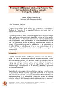 CONGRESO DE LOS DIPUTADOS  Presentación del Ministro del Interior, Jorge Fernández Díaz, del Proyecto de Ley Orgánica de Protección de la Seguridad Ciudadana Jueves, 16 de octubre de 2014