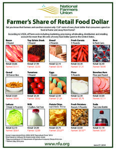 Farmer’s Share of Retail Food Dollar Did you know that farmers and ranchers receive only 15.8* cents of every food dollar that consumers spend on food at home and away from home? According to USDA, off farm costs inclu