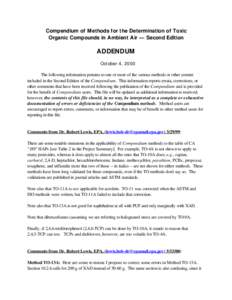 Compendium of Methods for the Determination of Toxic Organic Compounds in Ambient Air — Second Edition ADDENDUM October 4, 2000 The following information pertains to one or more of the various methods or other content