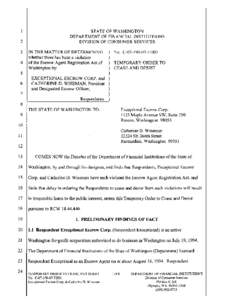 Exceptional Escrow Corp. and Catherine D. Wiseman Temporary Order to Cease and Desist