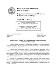 Office of the Attorney General Paul G. Summers Department of Commerce and Insurance Commissioner Anne Pope  NEWS RELEASE