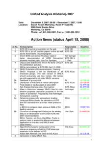Unified Analysis Workshop 2007 Date: Location: December 5, 2007, 08:00 – December 7, 2007, 13:00 Beach Resort Monterey, Room PT Cabrillo