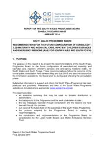 REPORT OF THE SOUTH WALES PROGRAMME BOARD TO HEALTH BOARDS/WAST JANUARY 2014 SOUTH WALES PROGRAMME BOARD RECOMMENDATIONS FOR THE FUTURE CONFIGURATION OF CONSULTANTLED MATERNITY AND NEONATAL CARE, INPATIENT CHILDREN‟S S