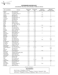 GOVERNORS ROSTER 2013 GOVERNORS’ POLITICAL AFFILIATIONS & TERMS OF OFFICE State or jurisdiction Alabama Alaska American Samoa