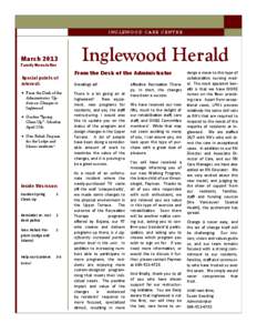 INGLEWOOD CARE CENTRE  March 2013 Family Newsletter  Special points of