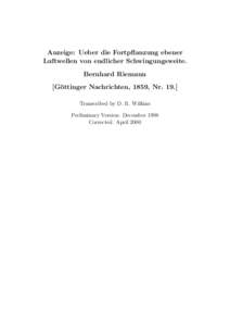 Anzeige: Ueber die Fortpflanzung ebener Luftwellen von endlicher Schwingungsweite. Bernhard Riemann [G¨ ottinger Nachrichten, 1859, NrTranscribed by D. R. Wilkins