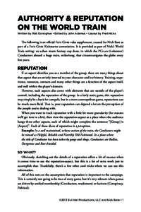 AUTHORITY & REPUTATION ON THE WORLD TRAIN Written by Rob Donoghue • Edited by John Adamus • Layout by Fred Hicks The following is an official Fate Core rules supplement, created for Nick Bate as part of a Fate Core K