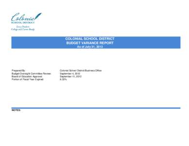 COLONIAL SCHOOL DISTRICT BUDGET VARIANCE REPORT As of July 31, 2012 Prepared By: Budget Oversight Committee Review: