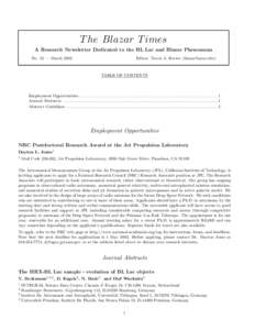 T he Blazar T imes A Research Newsletter Dedicated to the BL Lac and Blazar Phenomena No. 52 — March 2003 Editor: Travis A. Rector ()