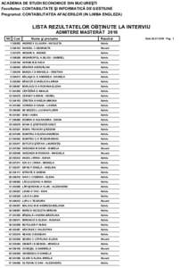 ACADEMIA DE STUDII ECONOMICE DIN BUCUREŞTI Facultatea: CONTABILITATE ŞI INFORMATICĂ DE GESTIUNE Programul: CONTABILITATEA AFACERILOR (IN LIMBA ENGLEZA) LISTA REZULTATELOR OBŢINUTE LA INTERVIU ADMITERE MASTERAT 2016