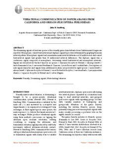 Sandberg, John B[removed]Vibrational communication of Isoperla Banks from California and Oregon (Plecoptera: Perlodidae). Illiesia, 7(1):1-23. Available online: http://www2.pms-lj.si/illiesia/papers/Illiesia07-01.pdf