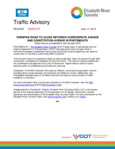 Traffic Advisory RELEASE: IMMEDIATE  Sept. 17, 2014