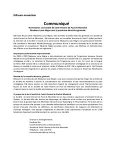 Diffusion Immédiate        Communiqué  Nomination à la Société de Saint‐Vincent de Paul de Montréal 