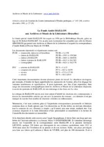 Archives et Musée de la Littérature : www.aml.cfwb.be (Article extrait du Courrier du Centre international d’Etudes poétiques, n° , octobredécembre 1981, pLe Fonds André BAILLON aux Archives et Mu