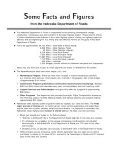 Some Facts and Figures from the Nebraska Department of Roads ◆ The Nebraska Department of Roads is responsible for the planning, development, design, construction, maintenance and administration of the state highway sy