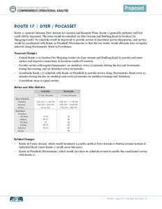 ROUTE 17 | DYER / POCASSET Route 17 operates between Dyer Avenue in Cranston and Kennedy Plaza. Route 17 generally performs well but could still be improved. The route would be extended via Dyer Avenue and Budlong Road t