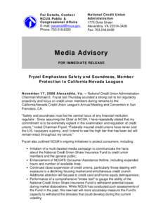 Media Advisory - Fryzel Emphasizes Safety and Soundness, Member Protection to California/Nevada Leagues