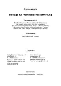 Imp r e s s u m  Beiträge zur Fremdsprachenvermittlung Herausgeberbeirat Zofia Bilut-Homplewicz (Rzeszów), Stojan Bračič (Ljubljana), Uwe Dethloff (Saarbrücken), Una Dirks (Hildesheim),