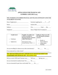 APPLICATION FOR FINANCIAL AID SUMMER I AND/OR II 2015 THE AWARDING OF SUMMER FINANCIAL AID WILL BE CONTINGENT UPON THE AVAILABILITY OF FUNDS. Date of Application: ____________________