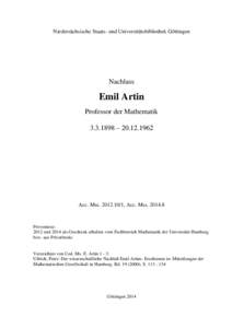 Niedersächsische Staats- und Universitätsbibliothek Göttingen  Nachlass Emil Artin Professor der Mathematik