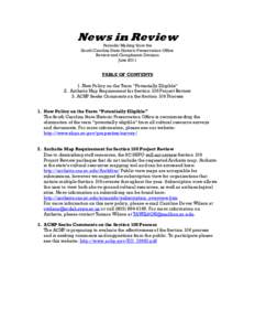 News in Review Periodic Mailing from the South Carolina State Historic Preservation Office Review and Compliance Division June 2011