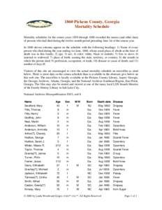 1860 Pickens County, Georgia Mortality Schedule Mortality schedules for the census years 1850 through 1880 recorded the names (and other data) of persons who had died during the twelve-month period preceding June 1st of 