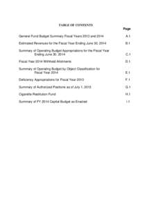 TABLE OF CONTENTS Page General Fund Budget Summary Fiscal Years 2013 and 2014 A.1