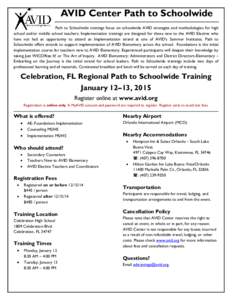 AVID Center Path to Schoolwide Path to Schoolwide trainings focus on schoolwide AVID strategies and methodologies for high school and/or middle school teachers. Implementation trainings are designed for those new to the 