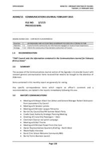 OPEN SESSION  MINUTES - ORDINARY MEETING OF COUNCIL TUESDAY, 17 FEBRUARY[removed]AO040/15 COMMUNICATIONS JOURNAL FEBRUARY 2015
