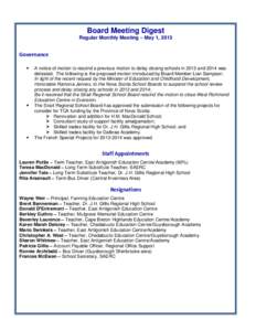 Board Meeting Digest Regular Monthly Meeting – May 1, 2013