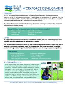 WORKFORCE DEVELOPMENT Providing Job Opportunities for Young Adults Overview In 2015, Blue Water Baltimore expanded our summer Urban Forestry Program to offer job placements for 14 high school students and 6 supervisors, 