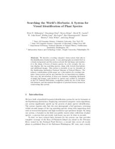 Searching the World’s Herbaria: A System for Visual Identification of Plant Species Peter N. Belhumeur1 , Daozheng Chen2 , Steven Feiner1 , David W. Jacobs2, W. John Kress3 , Haibin Ling4 , Ida Lopez3 , Ravi Ramamoorth