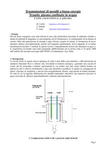 Trasmutazioni di metalli a bassa energia Tramite plasma confinato in acqua Cella elettrolitica a plasma D. Cirillo A. Dattilo V. Iorio