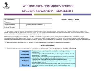 WULUNGARRA COMMUNITY SCHOOL STUDENT REPORT 2014 – SEMESTER 1 INSERT PHOTO HERE Student Name: Teacher: