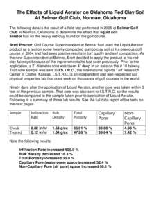 The Effects of Liquid Aerator on Oklahoma Red Clay Soil At Belmar Golf Club, Norman, Oklahoma The following data is the result of a field test performed in 2005 at Belmar Golf Club in Norman, Oklahoma to determine the ef