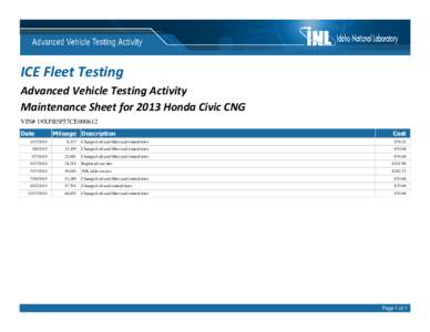 ICE Fleet Testing Advanced Vehicle Testing Activity Maintenance Sheet for 2013 Honda Civic CNG VIN# 19XFB5F57CE000612 Date