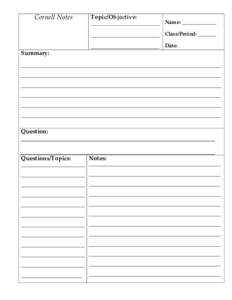 Cornell Notes  Topic/Objective: __________________________ Name: _____________ __________________________ Class/Period: _______