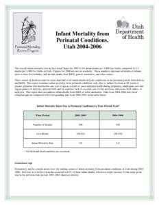 Infant Mortality from Perinatal Conditions, Utah[removed]The overall infant mortality rate in the United States for 2007 is 6.6 infant deaths per 1,000 live births, compared to 5.2 deaths per 1,000 live births in Utah.