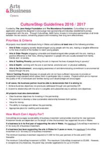 CultureStep GuidelinesFunded by The Jane Hodge Foundation and The Moondance Foundation, CultureStep is an open application programme designed to encourage new sponsorship and develop established business eng