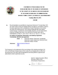 STATEMENT OF PROCEEDINGS FOR THE REGULAR MEETING OF THE BOARD OF SUPERVISORS OF THE COUNTY OF LOS ANGELES HELD IN ROOM 381B OF THE KENNETH HAHN HALL OF ADMINISTRATION 500 WEST TEMPLE STREET, LOS ANGELES, CALIFORNIA 90012