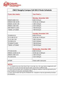 CNCC Rangely Campus Fall 2013 Finals Schedule If your class meets: Your Final is…  MW(F) 8:00-9:15